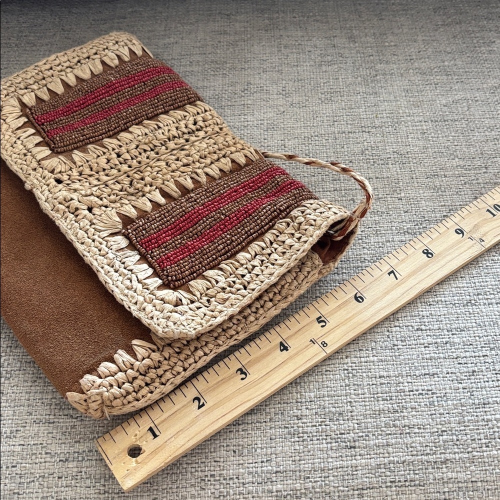 Free People Vintage boho suede leather and paper Raffia beaded crossbody purse - Picture 16 of 16